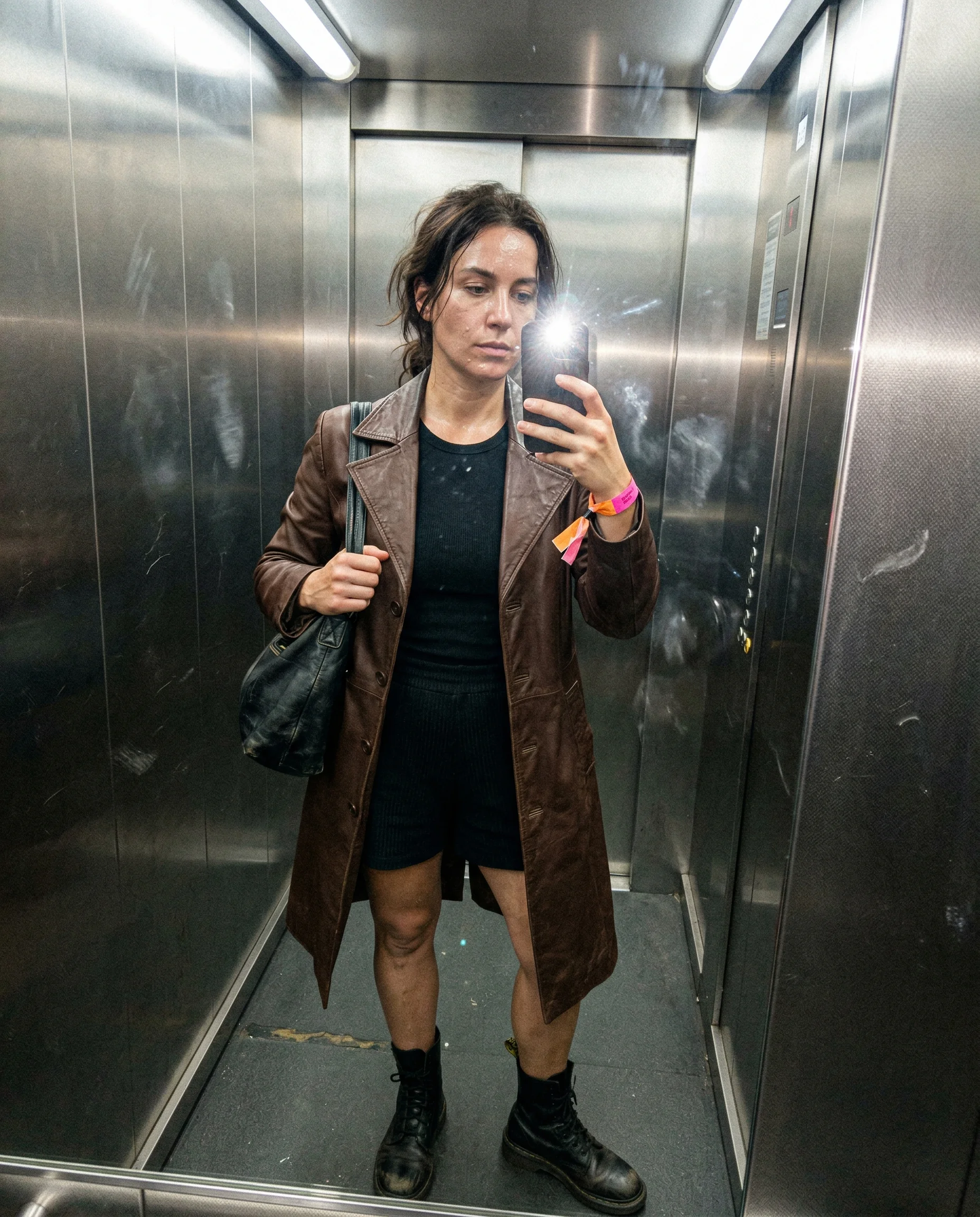 candid elevator mirror selfie in brown leather