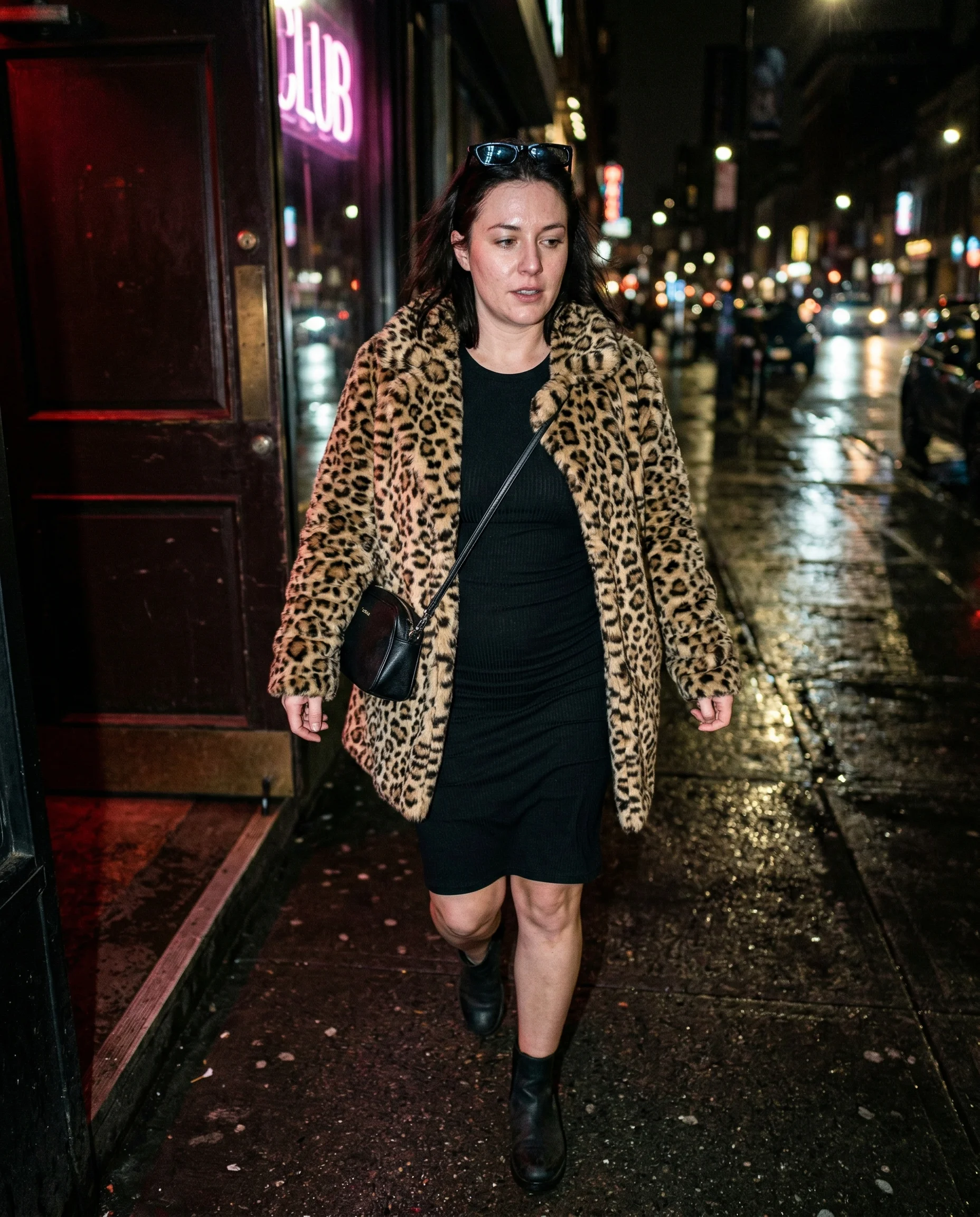 leopard coat club exit flash